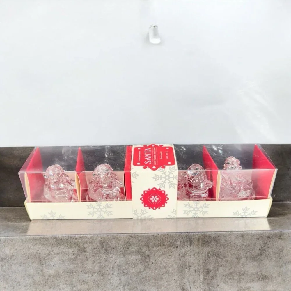 Williams Sonoma Clear Glass Santa‎ Taper Candle Holders Christmas New In Box